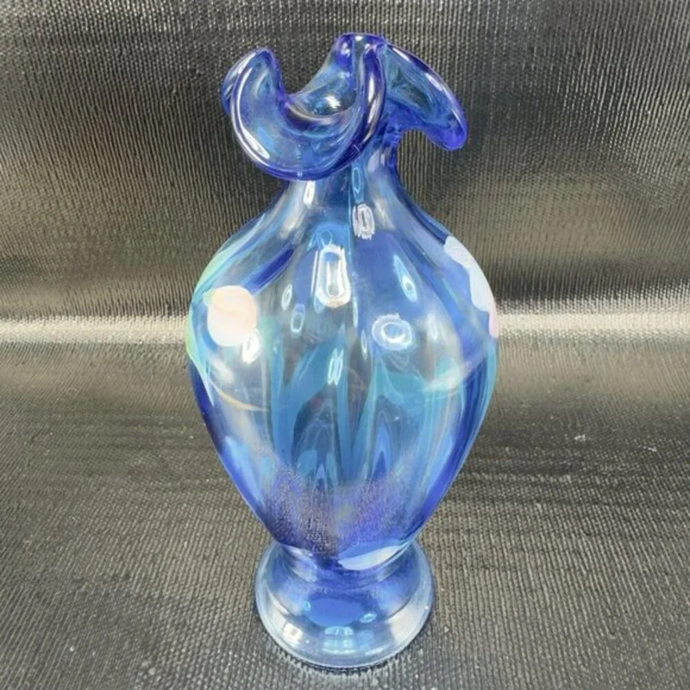 Vintage Fenton Art Glass Vase‎ Vessel Blue Hand Painted Flowers W Sticker Vase